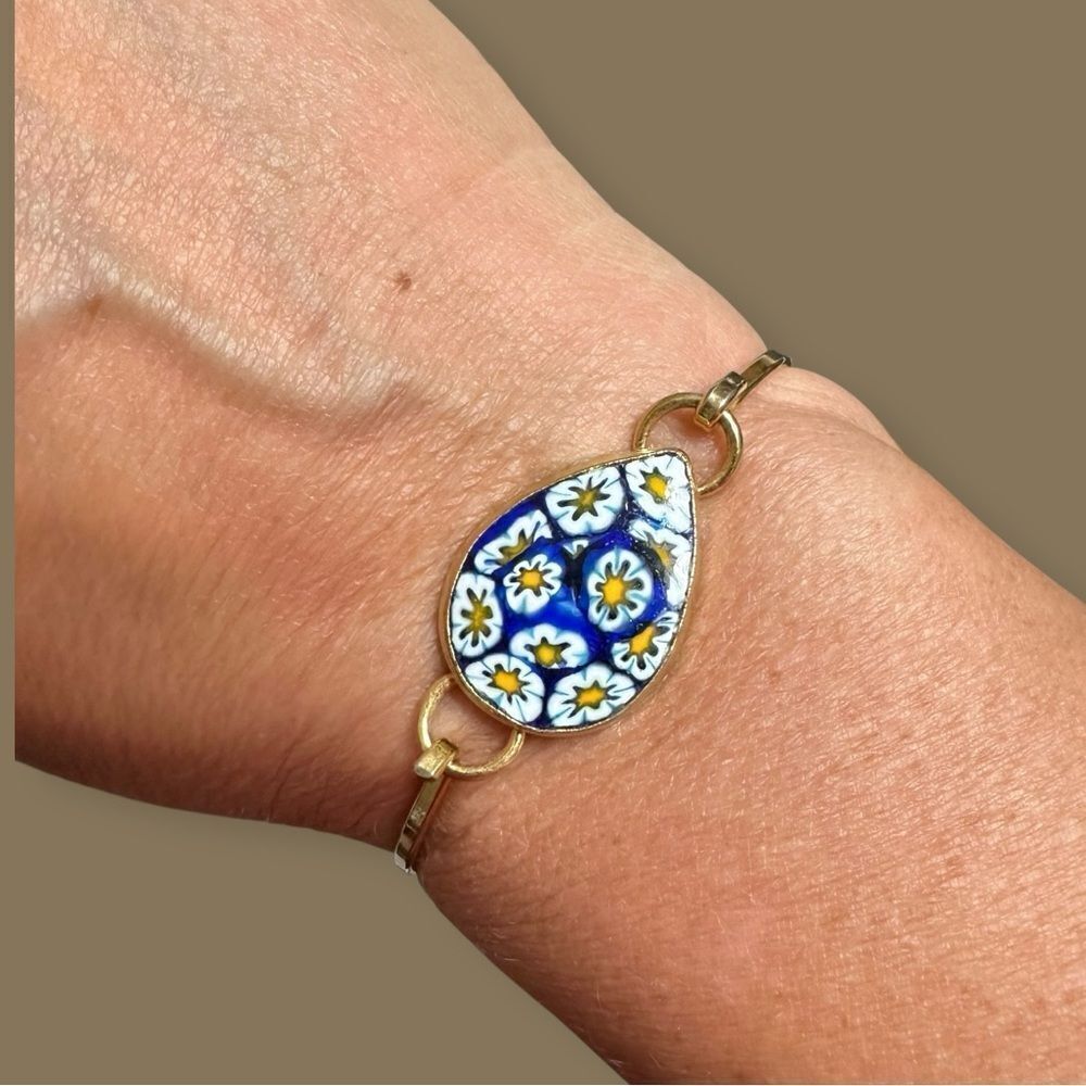 Blue Floral Mille Fiori Enamel and Gold tone Bracelet Bangle - Picture 8 of 13